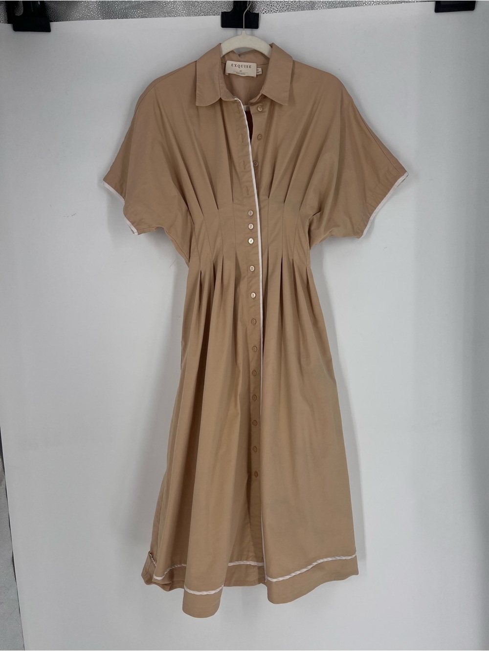 Exquise Tobie Cream White Piped Pleated Short Sleeve Midi Shirt Dress SP